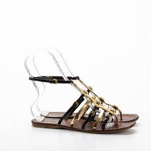 MIU MIU BLACK GOLD AND TAN STRAPPY SANDALS